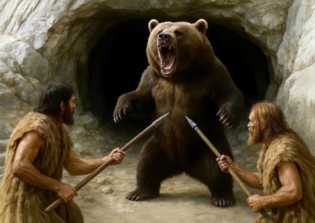 An ice age cave bear (Ursidae) is attacked with spears in front of its cave by prehistoric hunters,