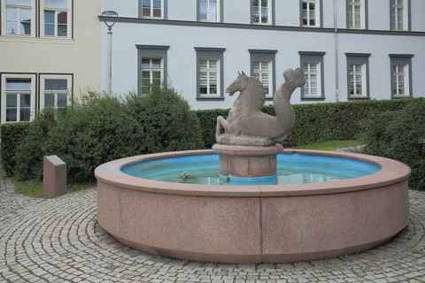Meerpferdchenbrunnen with guinea horse, sculpture, mythical creature, horse figure, fish figure,