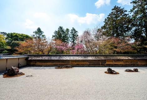 Kare-san-sui Japanese rock garden, Hojo Teien in Ryoan-ji, Zen Buddhist temple complex, in spring,