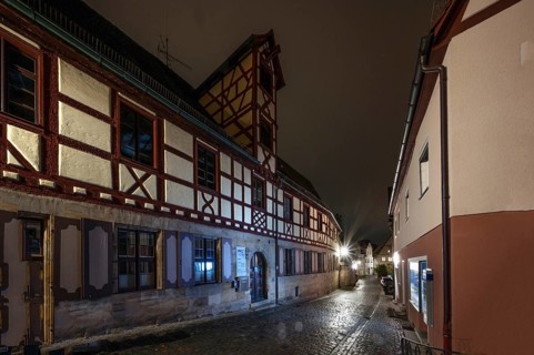 Nocturnal view of the former Glockengiesserspital, founded around 1374, Lauf an der Pegnitz, Middle