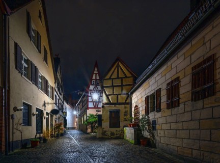 Nocturnal view of an old town alleyway with historic buildings, Lauf an der Pegnitz, Middle