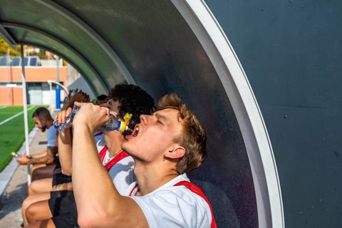 Soccer teammates on the bench rehydrating with bottled water during a break in training or a match,