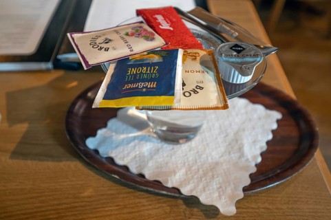 Selection of fruit teas served with a hot glass of water, Franconia, Bavaria, Germany