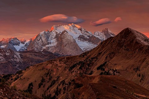 Dawn, clouds, morning mood, mountains, autumn, view of Marmolada, Giau Pass, Dolomites, Italy