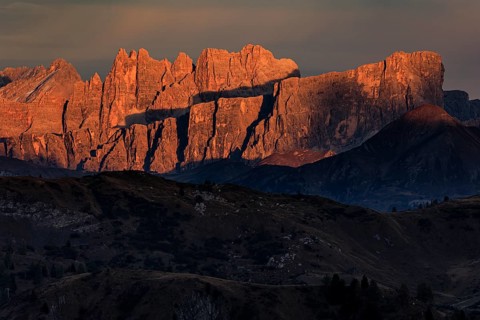Steep mountains, mountain range, sunset, cloudy, autumn, Pordoi Pass, view of Croda da Lago,