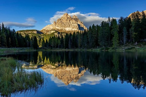 Mountain lake, mountains, reflection, sunny, evening light, Lake Antorno, Lake Antorno, Three