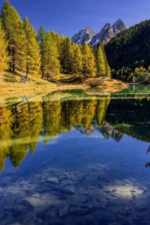 Mountain lake, reflection, mountains, larch forest, autumn discoloration, autumn, sunny, Lake
