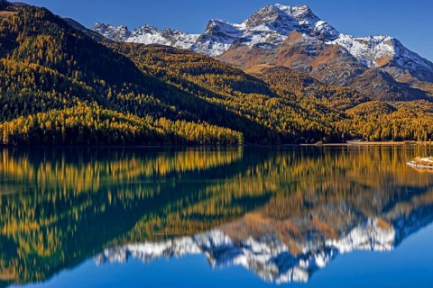 Mountain lake, reflection, mountains, larch forest, autumn discoloration, autumn, sunny,
