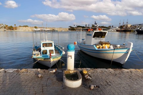 Fishing boat, fishing boats, picturesque, Neratzia fortress in the back, Mandraki harbor, seaport,