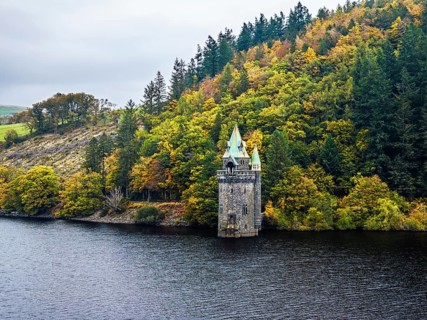 Llyn Brianne Dam and Reservoir from a drone, Lake Vyrnwy, Powys, Wales, England, United Kingdom