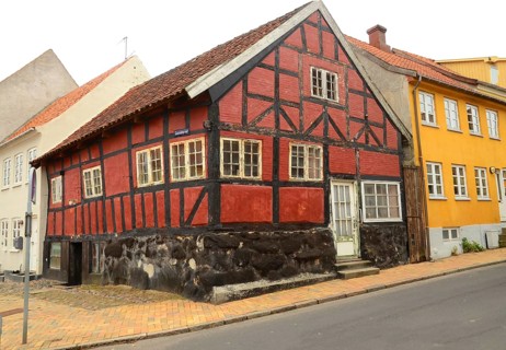 Typical red Danish half-timbered house in Assens, Funen island, Denmark, Scandinavia