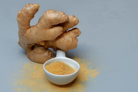 Ginger root and ginger powder in spoon, Zingiber officinale