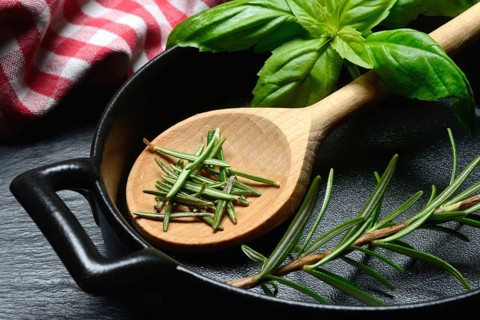Rosemary, rosemary leaves and rosemary sprig with cooking pot