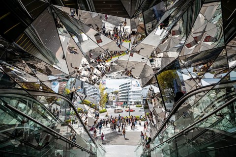Staircase, entrance to a shopping center with many mirrors, Tokyu Plaza Omotesando Harajuku, modern