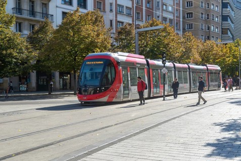 Light rail tram city public transport system CAF Urbos 3 trams, Tranvía de Zaragoza, Zaragoza,