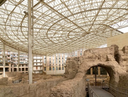 Covered ruins of Roman theatre amphitheatre, Zaragoza, Aragon, Spain