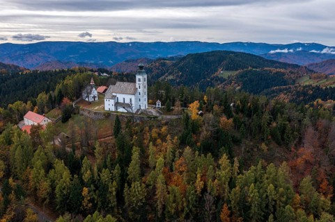 Aerial view, autumn, Church of the Holy Spirit on Osterberg, Cerkev Svetega Duha na Ostrem Vrhu,