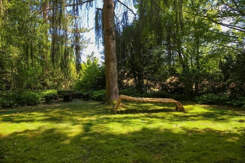 Lounger, idyllic resting place, wooden garden lounger, meadow, trees, green plants, gardens,