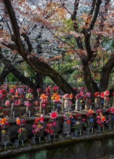 Jizo statues with red crocheted caps, guardian deities for deceased children, Unborn Children