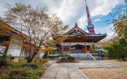 Building in Zojo-ji Temple, Tokyo Tower Tower Tower at the back, Buddhist temple complex, Tokyo,