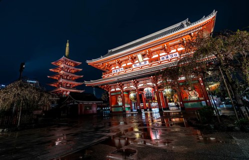 Illuminated five-story pagoda and Hozomon treasure chamber gate of Asakusa Shrine or Senso-ji
