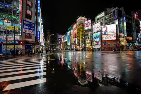 Street and neon sign, street scene at night, Tokyo, Japan