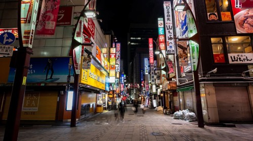 Pedestrian street with neon sign, long exposure, street scene at night, Tokyo, Japan