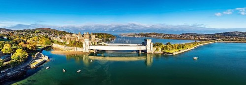Conwy Castle over River Convy from a drone, Convy, North Wales, England, United Kingdom