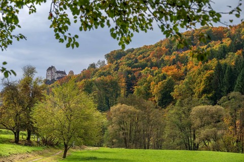 Mixed autumn forest, Egloffstein Castle on the left, Egloffstein, Franconian Switzerland, Upper
