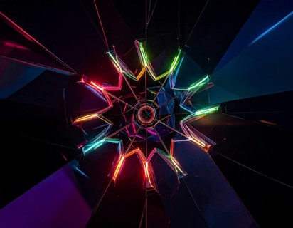 Abstract background of slightly unfocused multicolored glass lenses spinning and rotating,