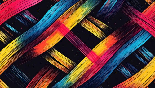 Abstract digital art featuring vibrant, intersecting neon lines creating a geometric pattern,