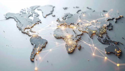 Abstract visualization of global rare earth supply network feeding EV industry, world map design,