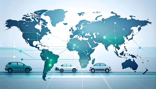 Abstract visualization of global rare earth supply network feeding EV industry, world map design,