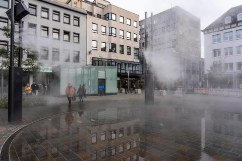 Digital water feature, Blue Cloud water installation on Husemanplatz in downtown Bochum, water mist