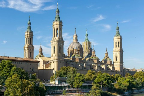 Basilica of Our Lady of the Pillar cathedral church, Zaragoza, Aragon, Spain, Europe view from