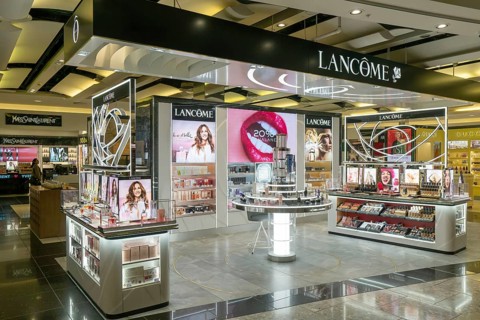 Lancome brands on display Duty Free shopping area in departures lounge area, Terminal 5, London
