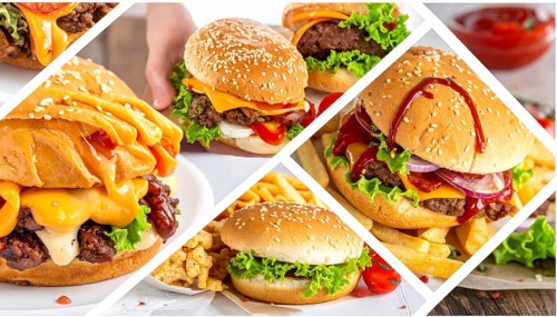 Collage of various fast food meals. beagles, hamburger, cheeseburger, french fries and a view green