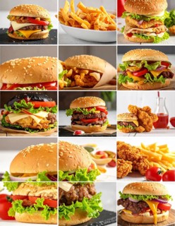 Collage of various fast food meals. beagles, hamburger, cheeseburger, french fries and a view green