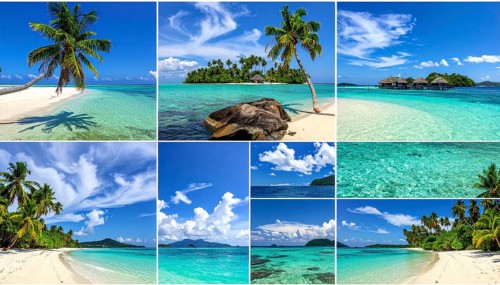 Collage of tropical islands with beach and palm trees, paradise with blue cloudy sky, turquoise