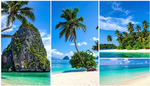 Collage of tropical islands with beach and palm trees, paradise with blue cloudy sky, turquoise