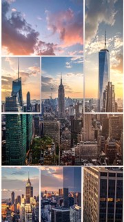 Collage of skyscrapers of a metropolitan city, various skylines with different blue sky in sunset,