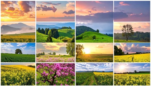 Collage of spring and summer landscapes, blooming flowers, green meadows and trees, hilly landscape