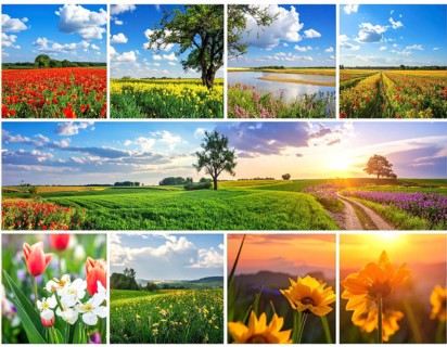 Collage of spring and summer landscapes, blooming flowers, green meadows and trees, hilly landscape