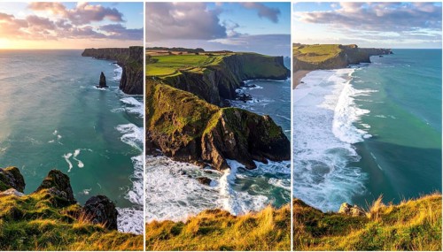 Collage of coastal landscapes with cliffs and shore break, spectacular nature, cloudy sky with