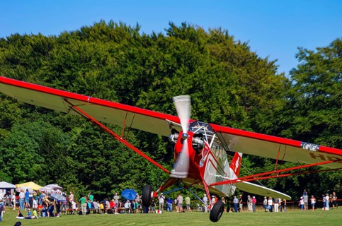 A Piper J-3C/L4 Cub light aircraft, HB-OBF registration, during a flight demonstration as part of