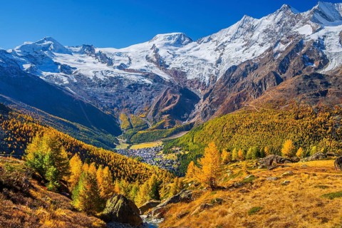 View from Kreuzboden to Saas-Fee with Alalin 4027m, Alphubel 4206m and Mischabel Group 4545m in