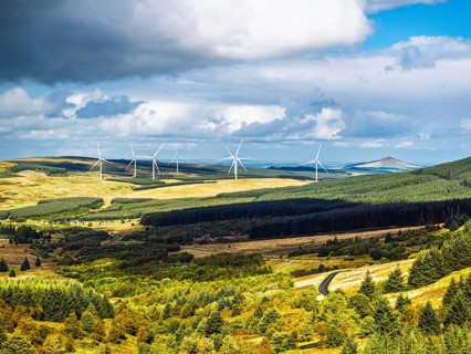 Wind Farm from a drone, Roxburghshire, Roxburgh, Southern Uplands, Scotland, UK