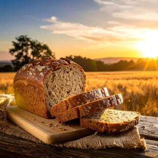 Rustic loaf of whole grain bread, fresh baked, close up of bread on dark wooden table, golden rust,