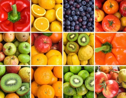 Food collage of various biological and organic fruits and vegetables, fresh healthy lifestyle, with