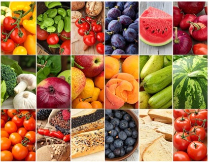 Food collage of various biological and organic fruits and vegetables, fresh healthy lifestyle, with